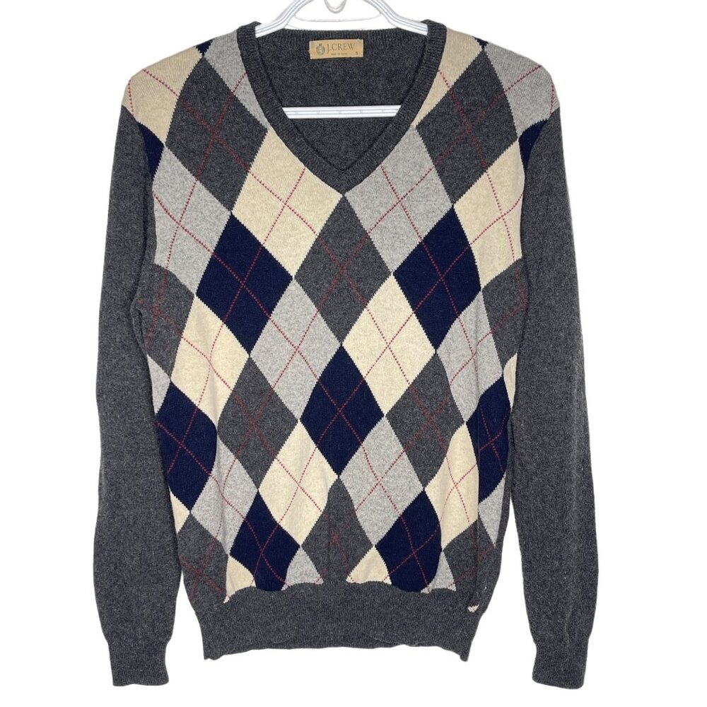 J Crew Mens Argyle Sweater Small V Neck Gray Navy Cashmere Blend Pullover